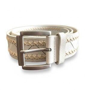 White‎ Crackled Split Cowhide Leather Whipstitch Belt Mens XL Silver Buckle